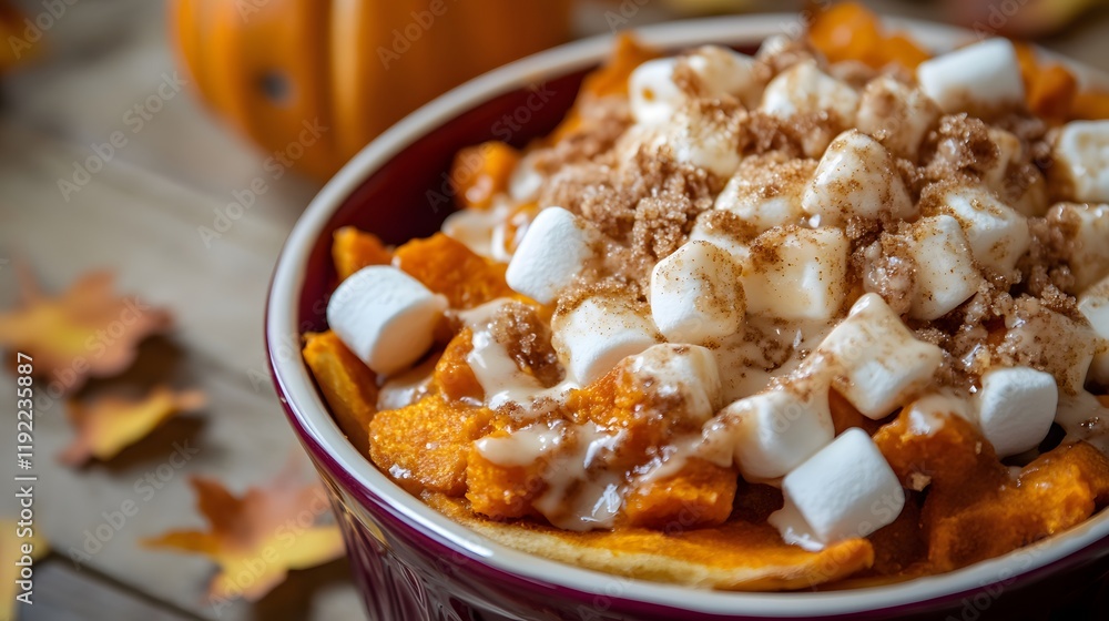 Sweet potato poutine topped with marshmallows, cinnamon, and caramel sauce in wooden background. Sweet potato poutine topped with marshmallows, cinnamon, and caramel sauce in wooden background.