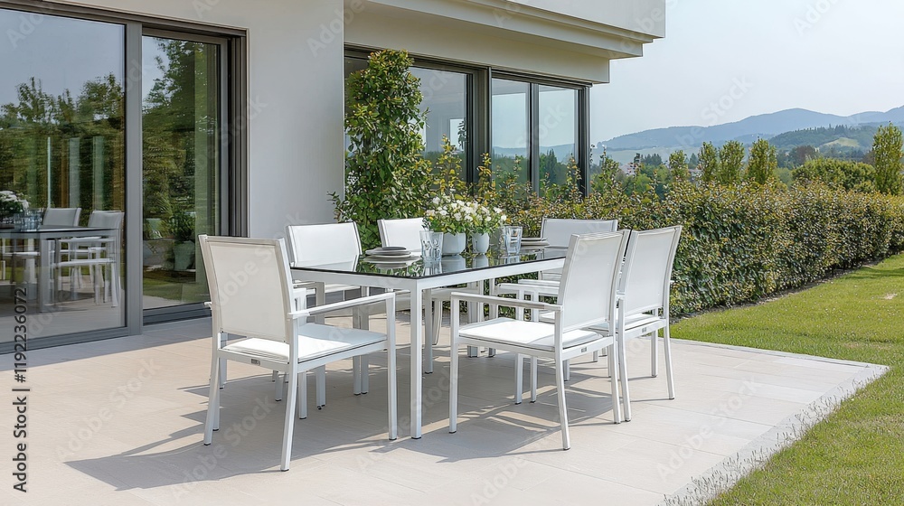 Patio furniture seating and minimal, A modern outdoor dining area with a glass table and white chairs, surrounded by greenery and large windows, perfect for gatherings. Patio furniture seating and minimal, A modern outdoor dining area with a glass table and white chairs, surrounded by greenery and large windows, perfect for gatherings.