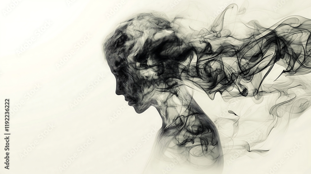 Smoke Dissolving Human Silhouette in Surreal Minimalist Style Smoke Dissolving Human Silhouette in Surreal Minimalist Style