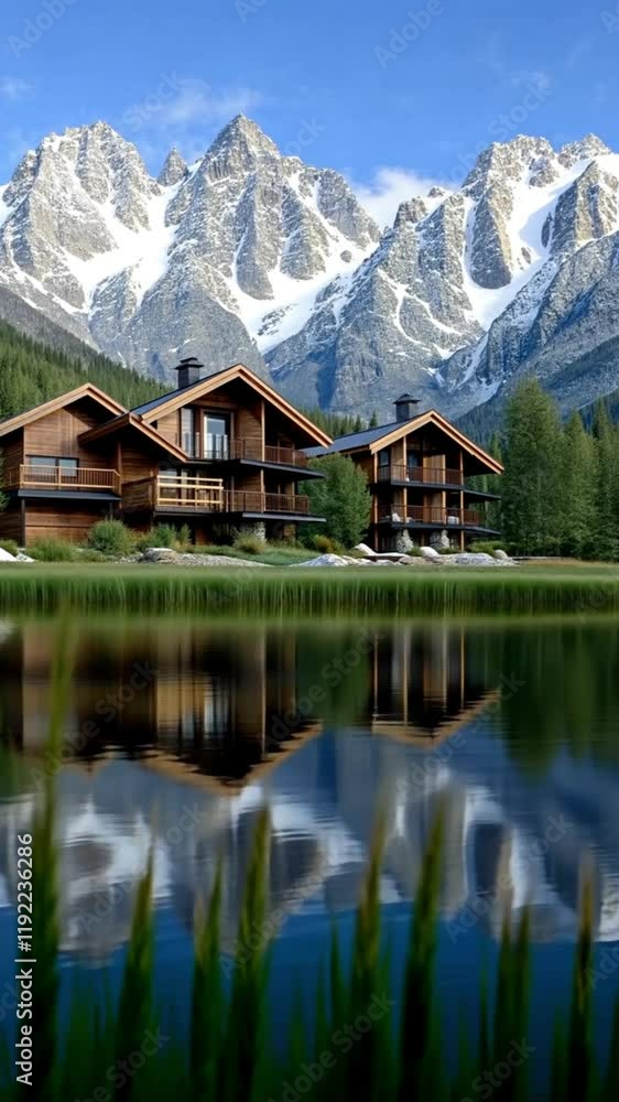 Scenic view of modern chalets by a reflective pond with mountains in the background. Scenic view of modern chalets by a reflective pond with mountains in the background.