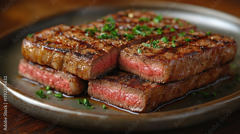 Grilled steak slices garnished with herbs. Grilled steak slices garnished with herbs.