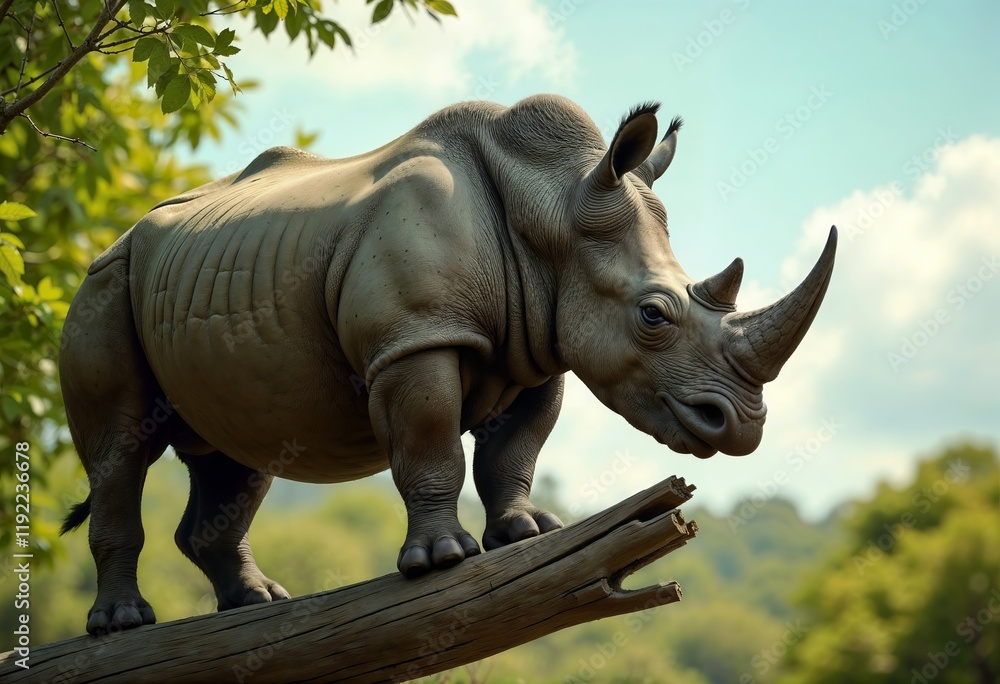 Fototapeta premium Rhinos standing on a tree branch against a clear blue sky
