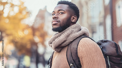 Young man in winter wear against autumn backdrop