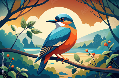 Colorful bird perched in lush nature at sunset