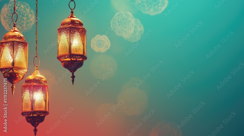 Festive lanterns hanging, glowing softly, teal background, Ramadan celebration, greeting card Festive lanterns hanging, glowing softly, teal background, Ramadan celebration, greeting card