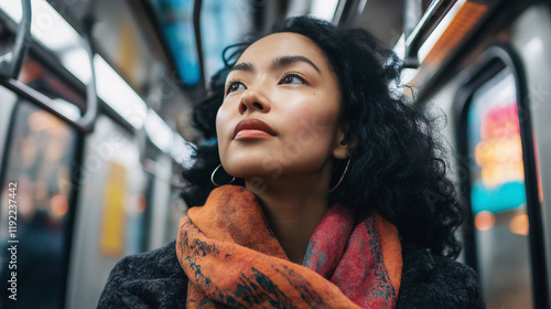 Young woman looking up during commute