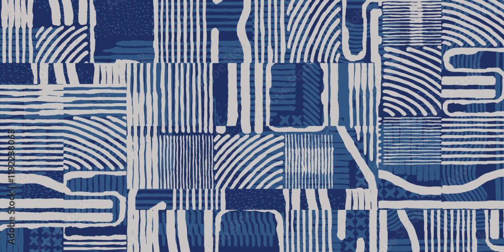 Hand drawn Japanese brush line abstract patchwork pattern, Ethnic folk wood carving, engraving, basketry surface texture design, experimental graphic blocks for textile, fabric, carpet