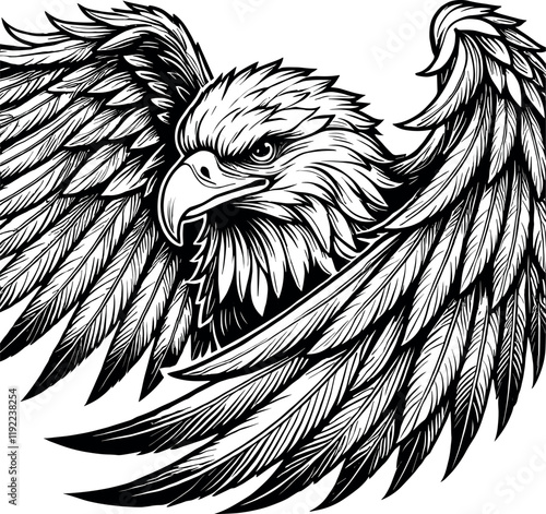 Eagle in Mid-Flight with Fully Spread Wings and Detailed Feathers Vector Black Silhouette Cricut Design