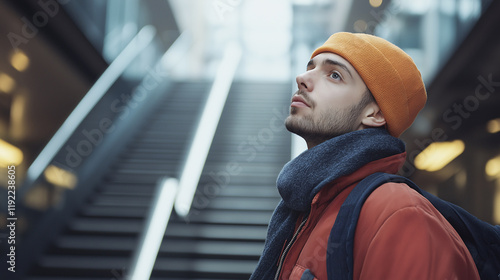 Man looking up escalator in urban setting
