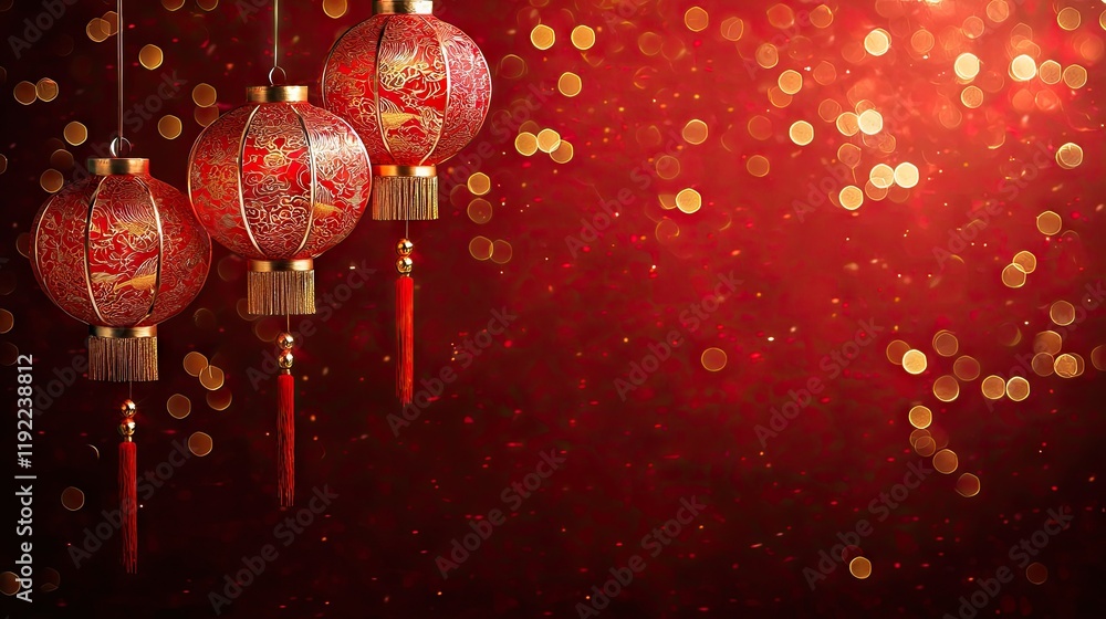 Red lanterns hang against a festive bokeh background, celebrating Chinese New Year Red lanterns hang against a festive bokeh background, celebrating Chinese New Year