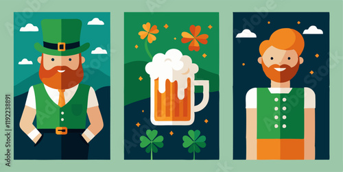 Saint patrick's day celebration posters collection with leprechaun and beer