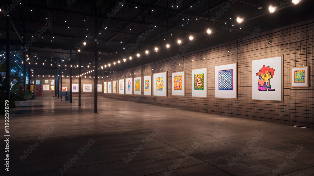 Fototapeta premium Vibrant Pixel Art Gallery Showcasing Unique Bit Designs in a Modern Exhibition Space