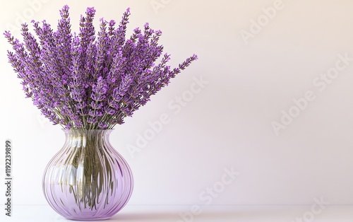 Elegant lavender flowers arranged in a classic glass vase, subtle reflections, soft lavender and purple hues, clean white background, minimalistic design, highresolution photo