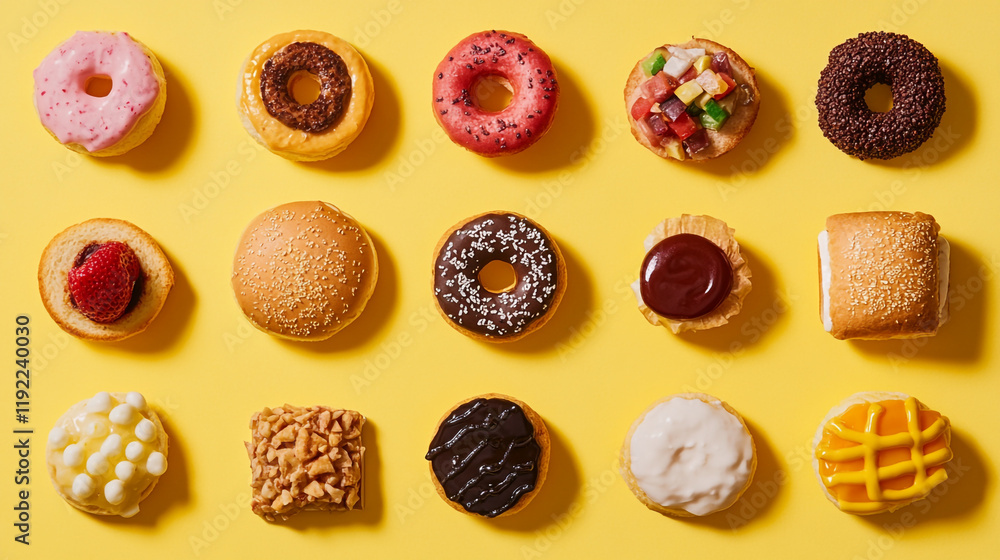 Colorful variety of donuts arranged neatly on a vibrant yellow background Colorful variety of donuts arranged neatly on a vibrant yellow background