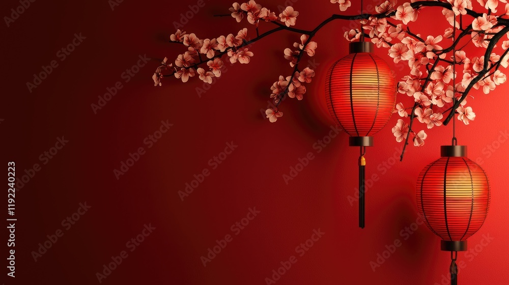 Red lanterns and cherry blossoms on a red background, perfect for Lunar New Year greetings Red lanterns and cherry blossoms on a red background, perfect for Lunar New Year greetings