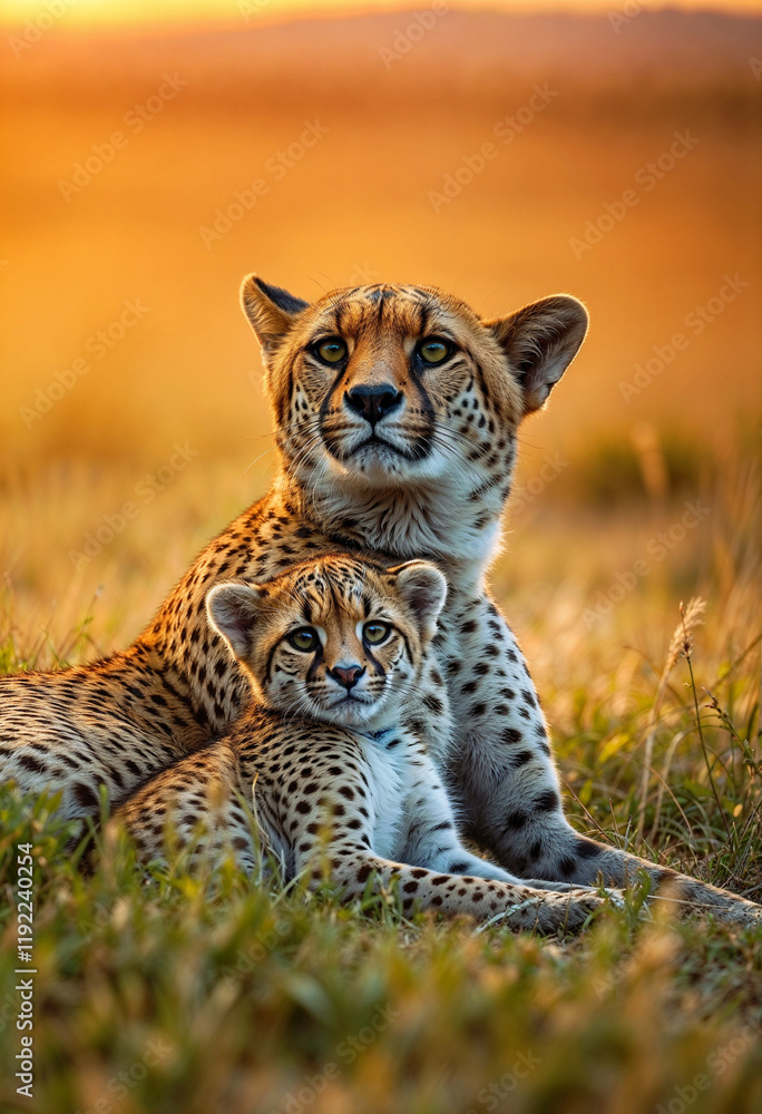 Obraz premium Cute nature scene of a cheetah and is cub on the savannah, touching wildlife