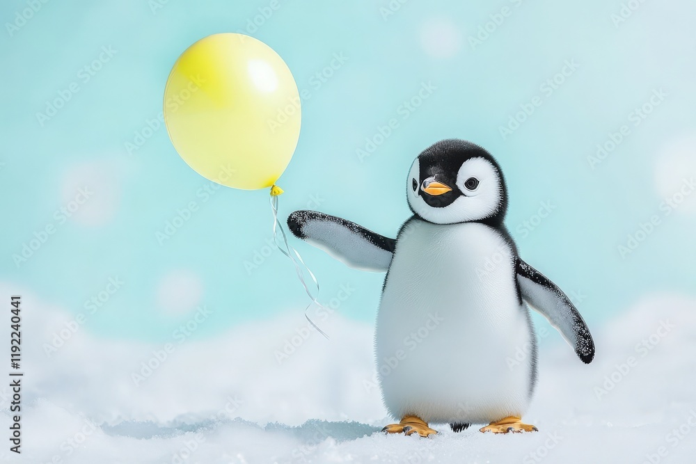 Obraz premium Adorable penguin chick holding a yellow balloon in a snowy landscape. Perfect for children's books, greeting cards, or websites.