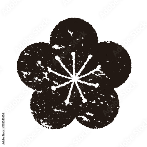 版画風の梅の花のイラスト　背景透過　白黒