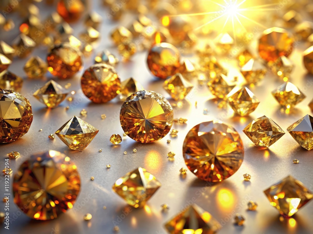 Aerial view: sparkling golden diamonds and precious gemstones on a pure white background, high-resolution. Aerial view: sparkling golden diamonds and precious gemstones on a pure white background, high-resolution.