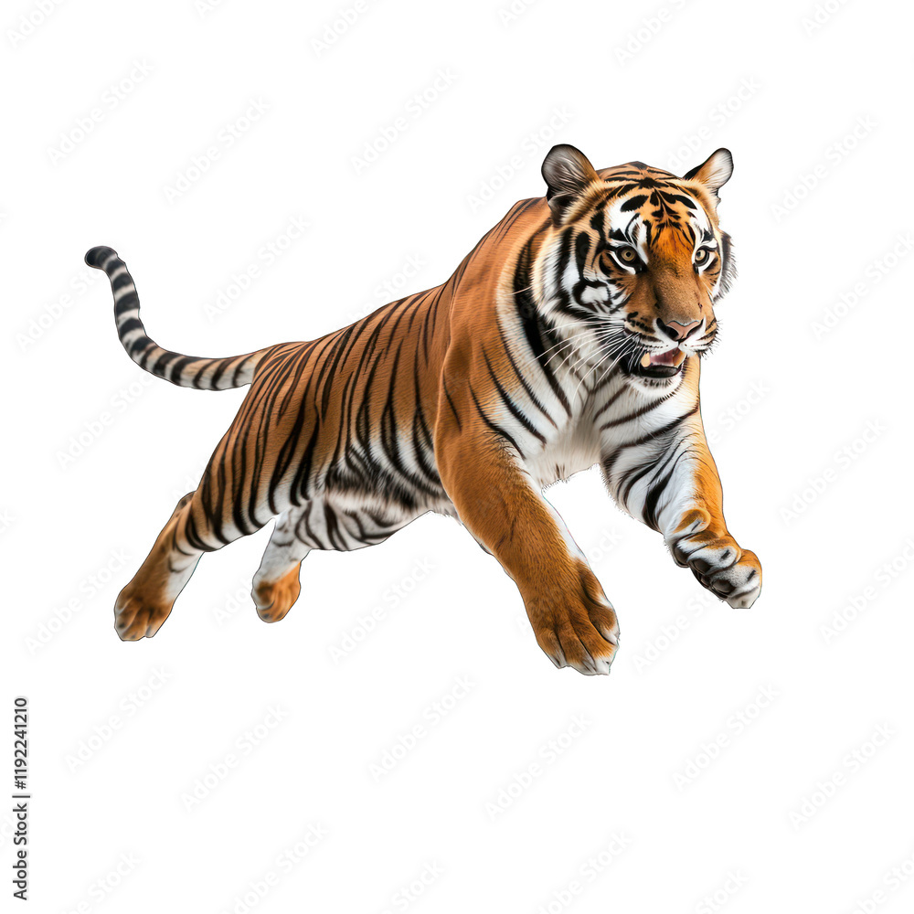 Obraz premium Tiger leaping in mid-air isolated on transparent background