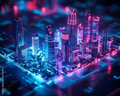 Futuristic city skyline in a vibrant holographic display, illuminated skyscrapers on a glowing platform, dark urban surroundings, hightech and neonlit ambiance photo