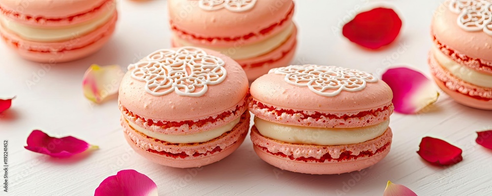 Valentine macarons idea. Delicate pink macarons adorned with petals, perfect for a sweet celebration. Valentine macarons idea. Delicate pink macarons adorned with petals, perfect for a sweet celebration.