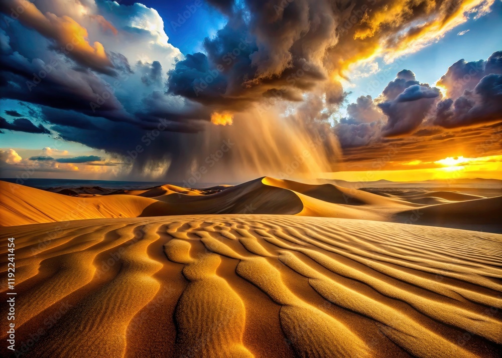 Naklejka premium AI-generated macro reveals Desert Storm's hidden detail: rain's delicate dance on sun-scorched sand.