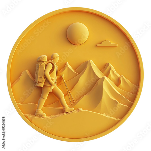 A hiker with a backpack ascends a mountain under a bright sun a minimalist 3D illustration in gold tones photo