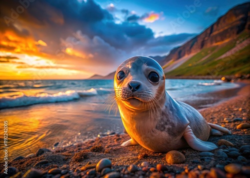 Arctic wildlife thrives:  Icelandic seal pup on Hunajordur Beach, Vatnsnes Peninsula's surreal seascape. photo