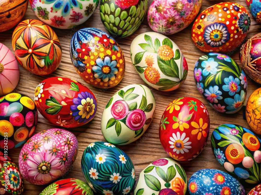 A top-down view reveals a blank Paschaltide banner, beautifully decorated with hand-painted Easter egg florals. A top-down view reveals a blank Paschaltide banner, beautifully decorated with hand-painted Easter egg florals.