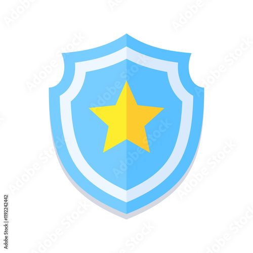 Flat blue shield icon with a yellow star in the center. Modern design, perfect for security, protection, or law enforcement themes. Minimalistic and versatile for digital and print use photo