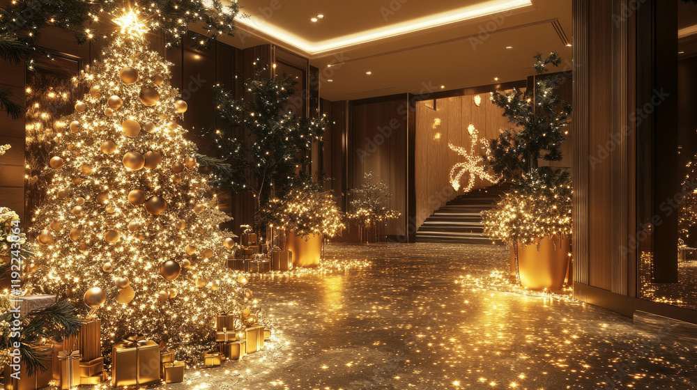 A large golden tree with many lights on it A large golden tree with many lights on it