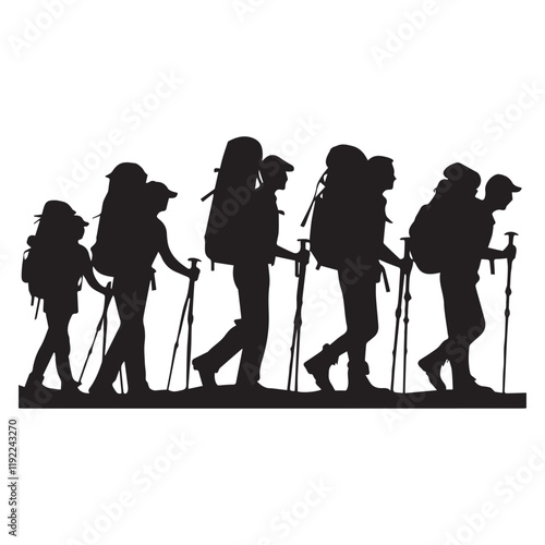 Set of silhouette of Hiking man. hikers with rucksacks and backpack silhouette.