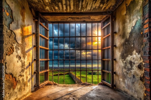Captive perspective: a panoramic prison window reveals a grate-framed landscape's beauty.