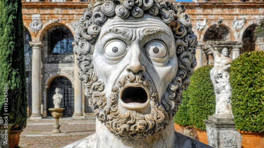 Fototapeta premium Stone Statue with Dramatic Expression in Historic Garden Setting
