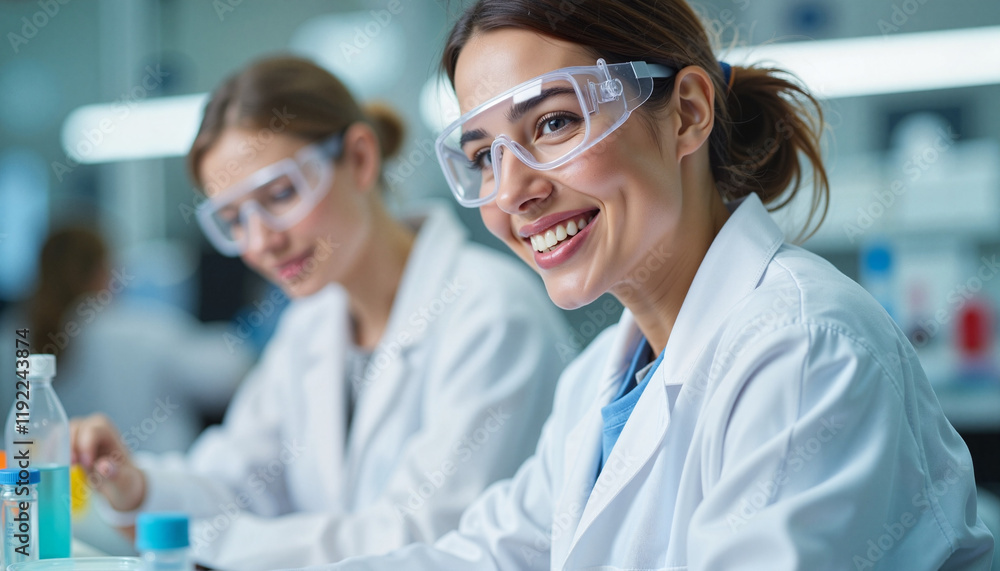 Smiling young scientist working in laboratory with test tubes, innovation Smiling young scientist working in laboratory with test tubes, innovation