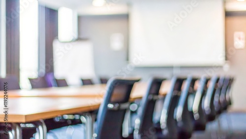 A well-lit, empty meeting room with a blurred background, ideal for corporate and business use.
 photo