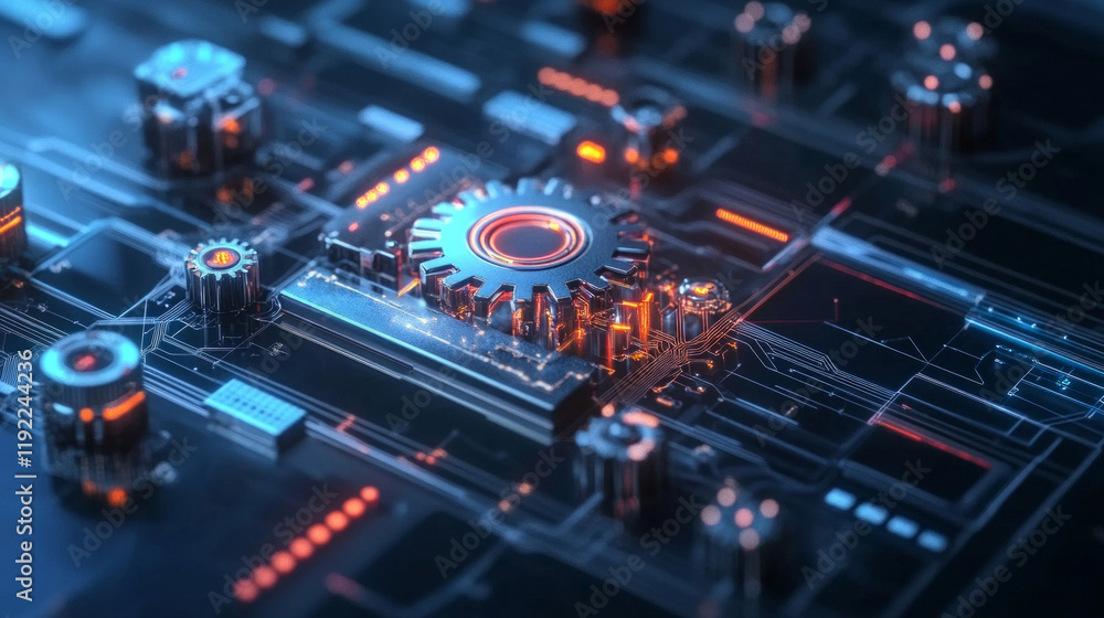 A computer chip with a gear on it A computer chip with a gear on it