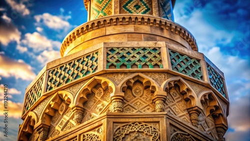 Close-up macro photography showcases the exquisite stone carving and textures of a Fatimid mosque minaret's intricate design. photo