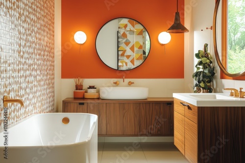 A mid-century modern bathroom featuring iconic fixtures, bold colors, and minimalist decor. Emphasize clean lines, organic shapes, and vibrant