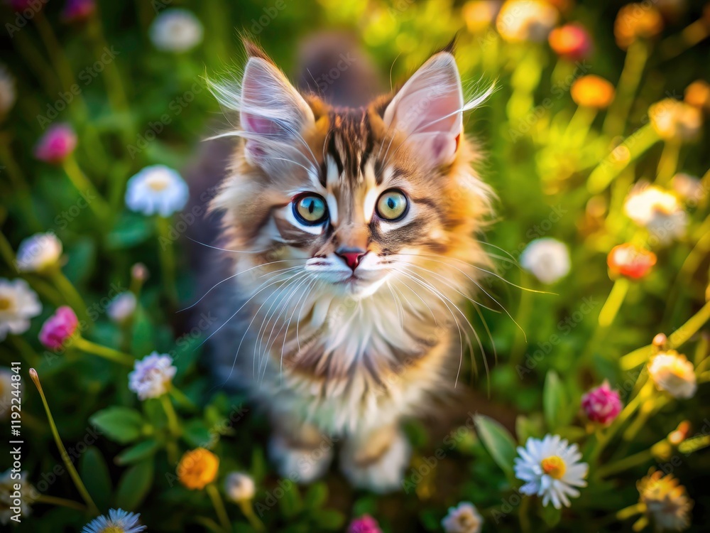 Obraz premium Cute Maine Coon kitten, fluffy and playful, stars in stunning aerial drone photography.