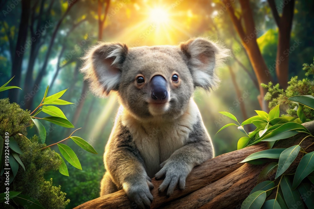 Fototapeta premium Cute koala amidst lush eucalyptus, capturing the beauty of the Australian outback.