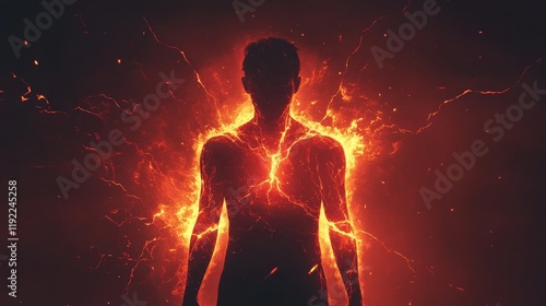 Burning man expressing inner strength and power with lava veins