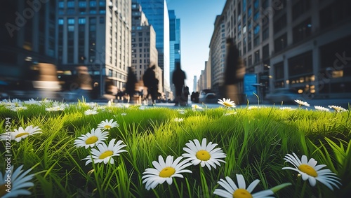 Green Grass and Daisies in Urban Cityscape Representing Nature, Contrast, Urban Life, Sunlight

