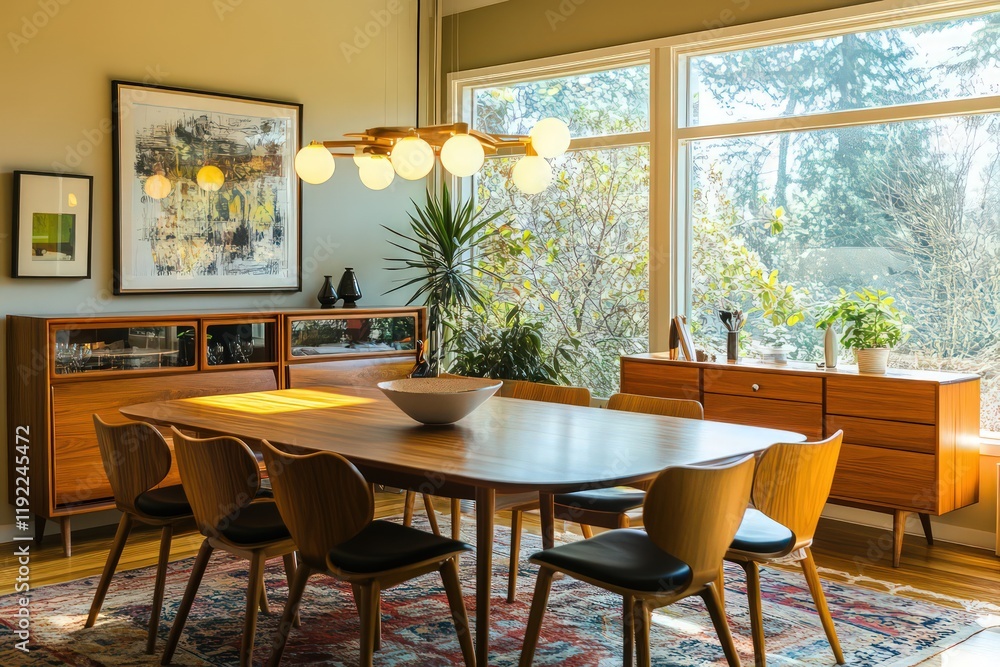Fototapeta premium A mid-century modern dining room featuring iconic furniture pieces, bold colors, and minimalist decor. 