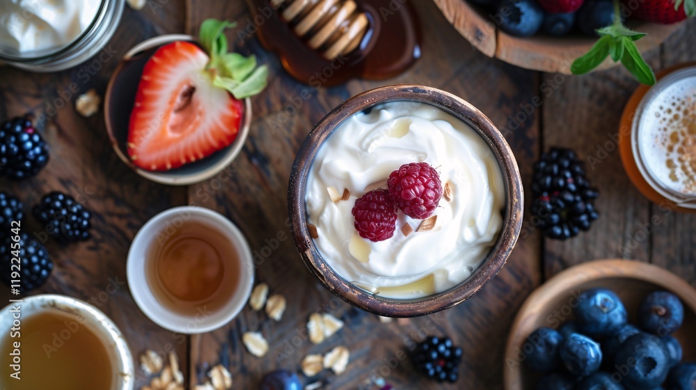 Cozy restaurant table with Greek yogurt, fresh fruits, honey, and coffee Cozy restaurant table with Greek yogurt, fresh fruits, honey, and coffee