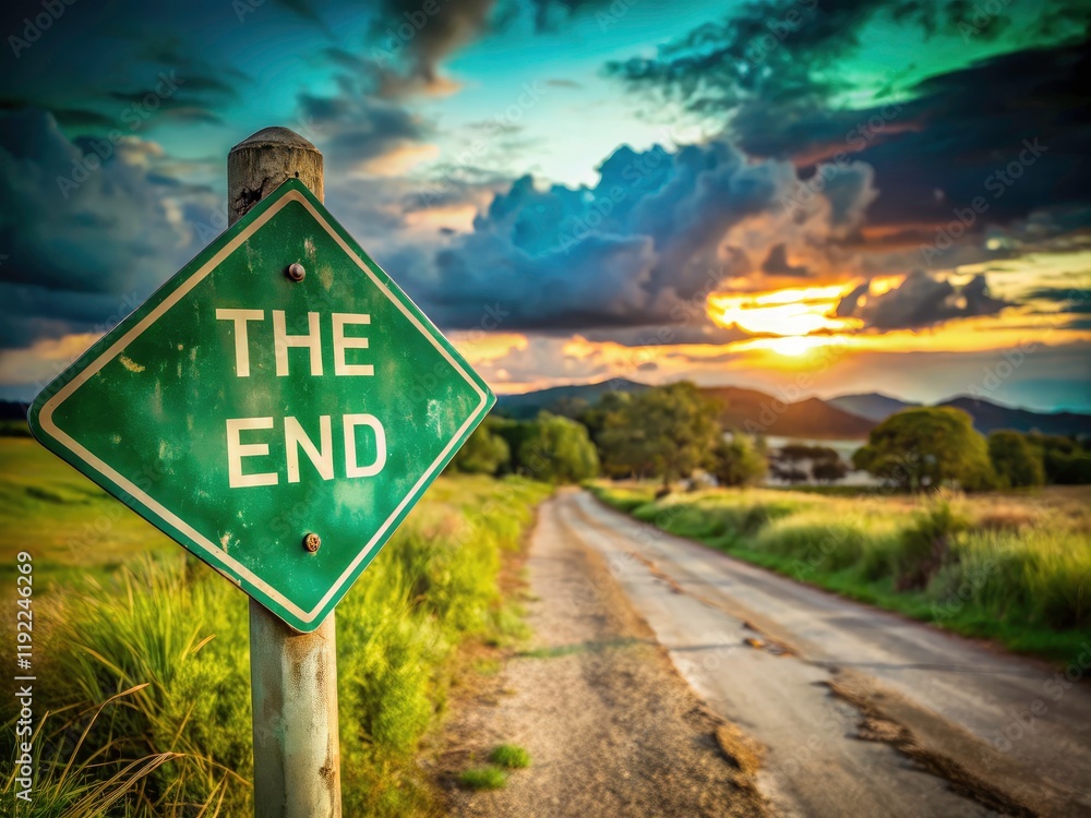 Obraz premium Ending road sign, picturesque rural landscape photo. Nature's beauty unfolds, compositionally balanced using the rule of thirds.