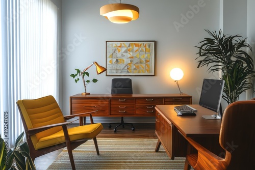 A mid-century modern office featuring iconic furniture pieces, bold colors, and minimalist decor. Emphasize clean lines, organic shapes
