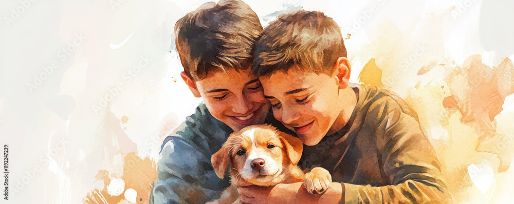 Brothers cuddling new puppy together, their faces filled with joy and love. This heartwarming moment captures bond between siblings and their new furry friend