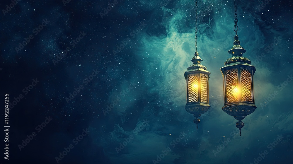 Night sky, hanging lanterns, glowing light, mystical background, Ramadan greeting Night sky, hanging lanterns, glowing light, mystical background, Ramadan greeting